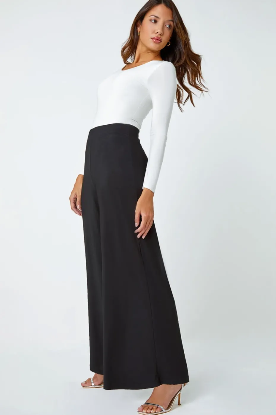 Roman Black Elastic Waist Wide Leg Stretch Trousers