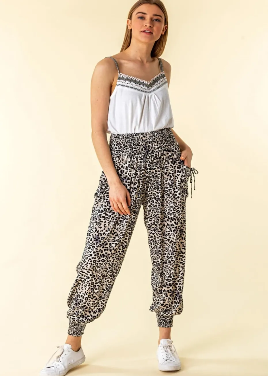 Roman Black Elastic Waist Animal Hareem Lounge Pants