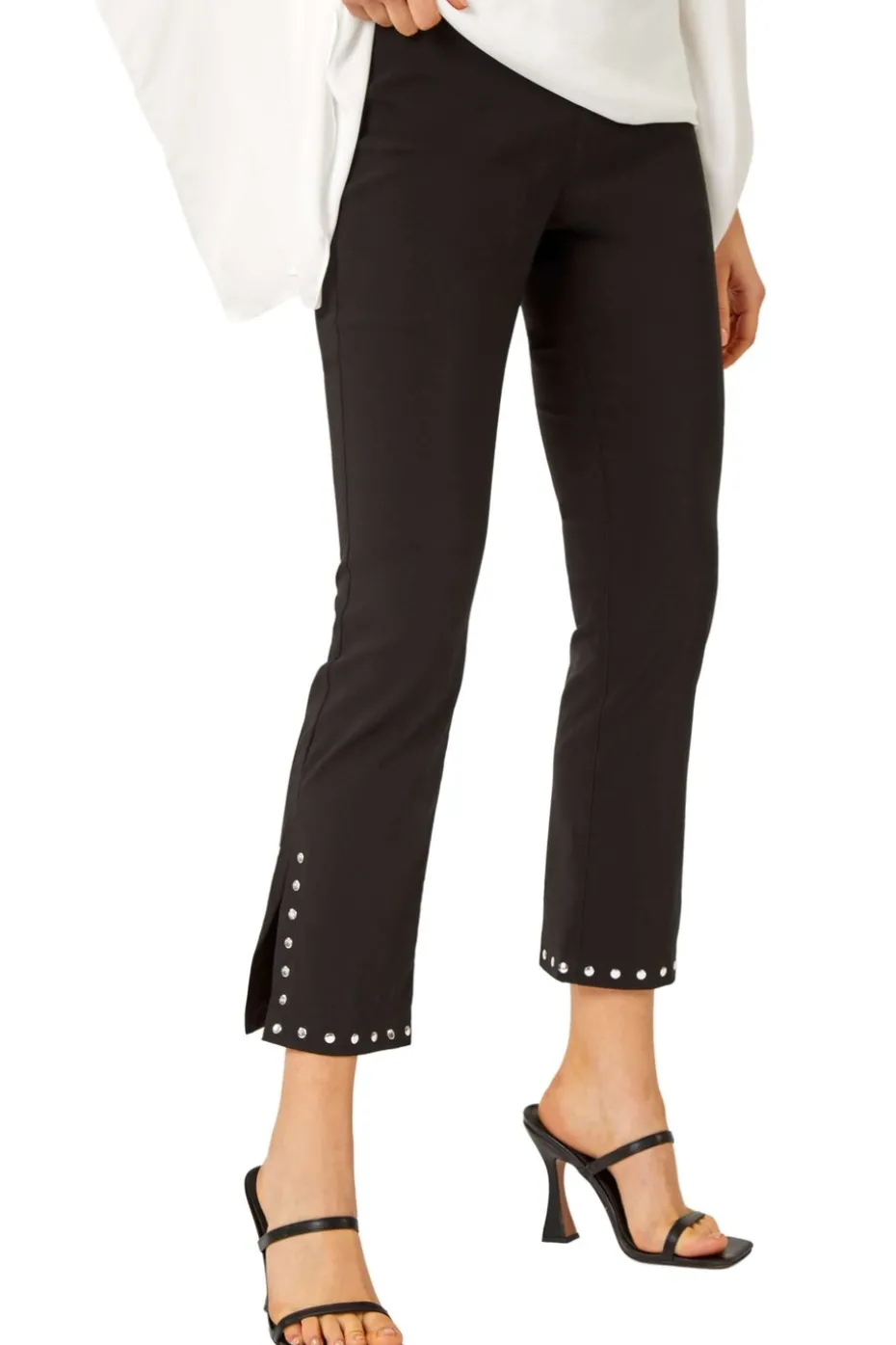 Roman Black Elastic Waist Stud Detail Cropped Trouser