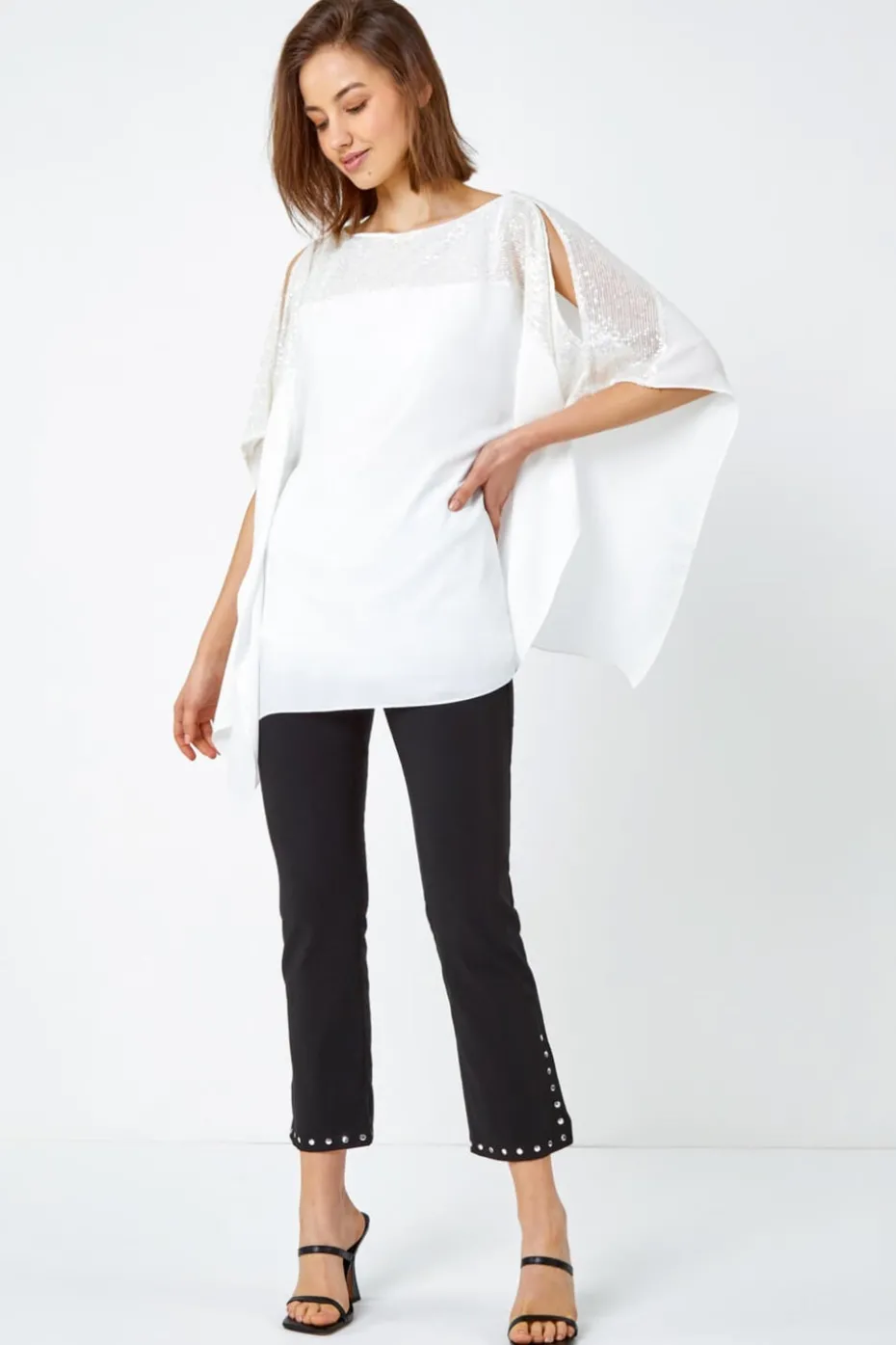 Roman Black Elastic Waist Stud Detail Cropped Trouser