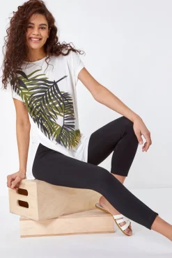 Roman Black Elastic Waist Stretch Cropped Leggings