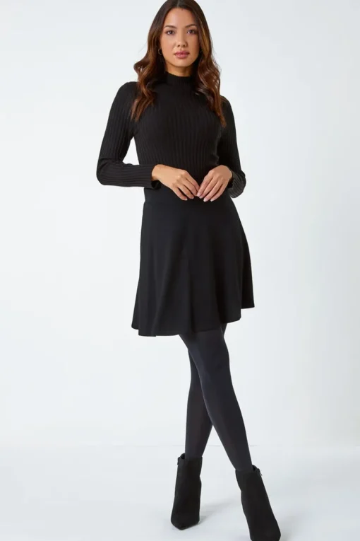 Roman Black Elastic Waist Stretch A Line Skater Skirt