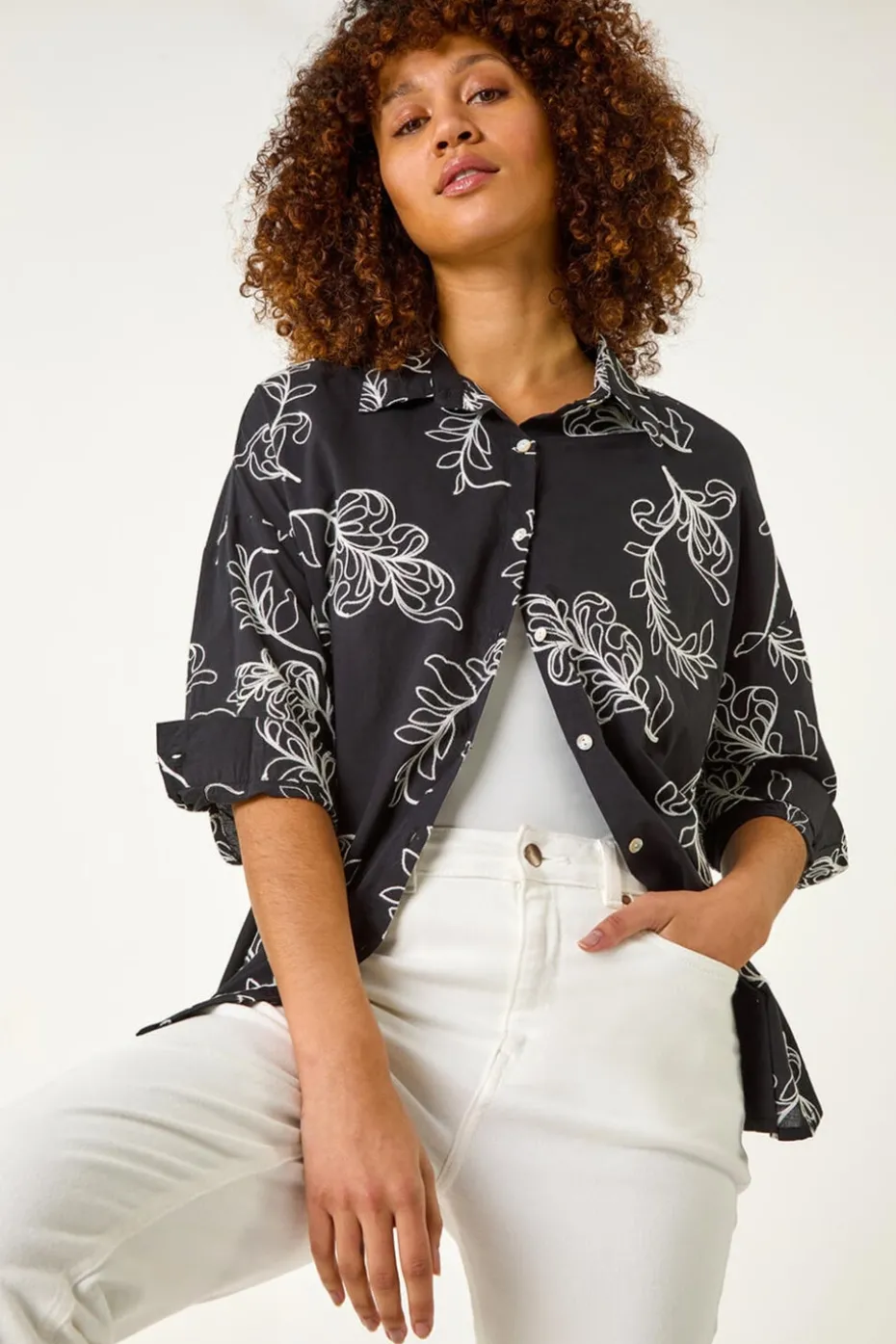 Roman Black Embroidered Floral Cotton Shirt