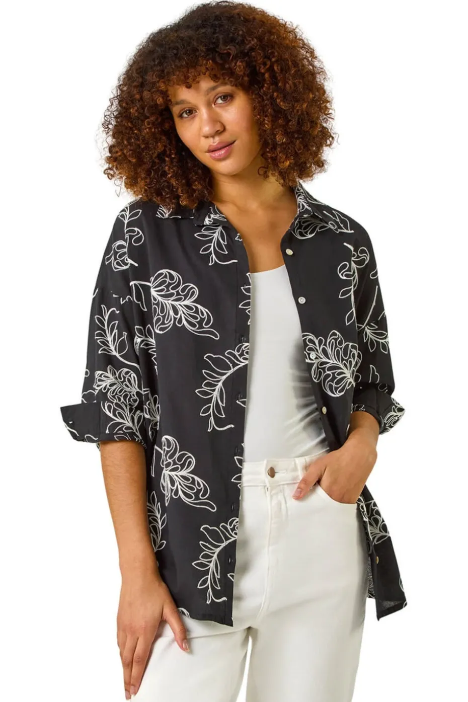 Roman Black Embroidered Floral Cotton Shirt