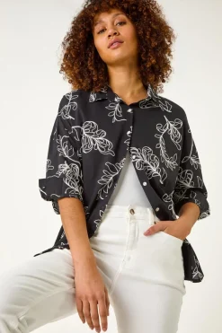 Roman Black Embroidered Floral Cotton Shirt