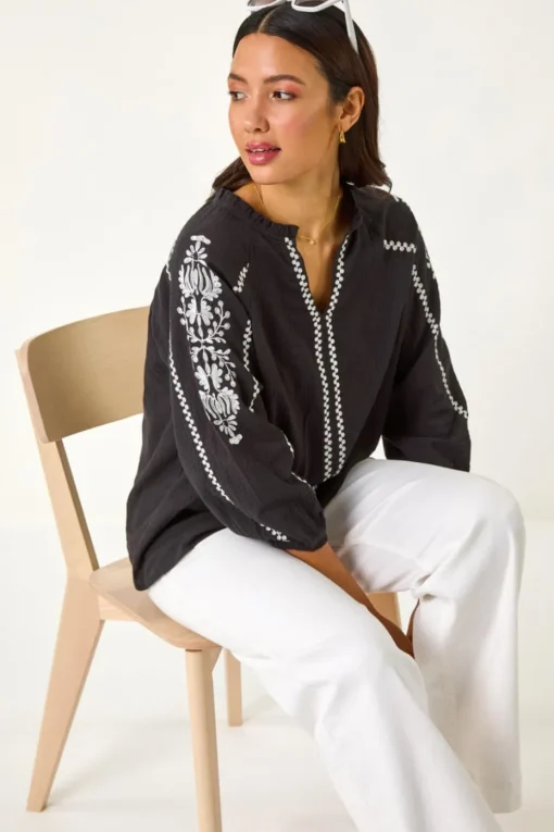 Roman Black Embroidered Sleeve V-Neck Top
