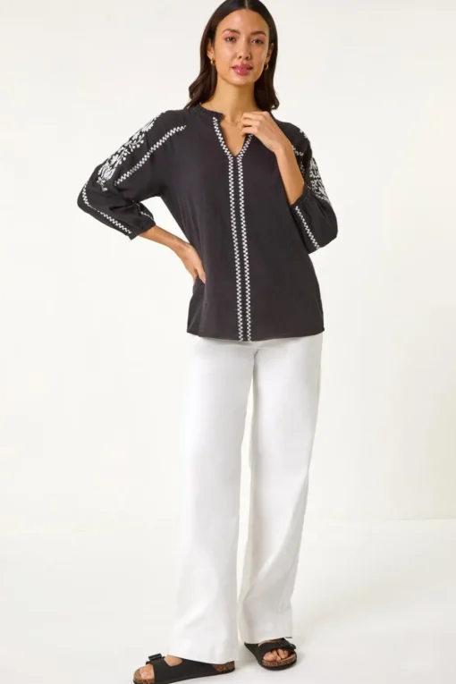Roman Black Embroidered Sleeve V-Neck Top