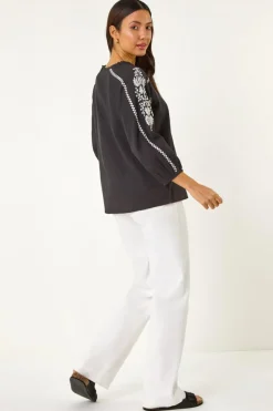 Roman Black Embroidered Sleeve V-Neck Top
