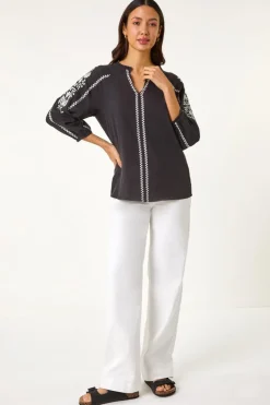 Roman Black Embroidered Sleeve V-Neck Top