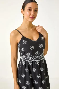 Roman Black Embroidered Strap Midi Sun Dress