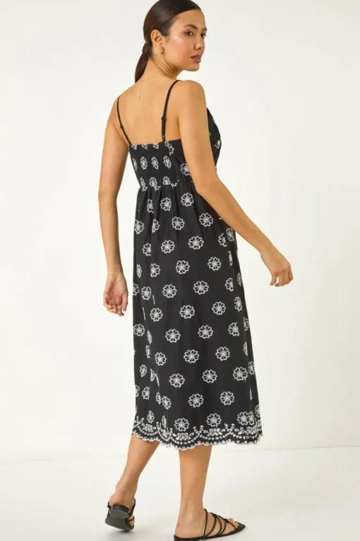 Roman Black Embroidered Strap Midi Sun Dress