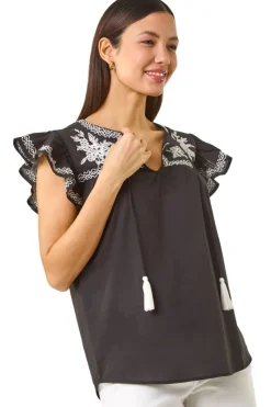 Roman Black Embroidered Tie Front Top