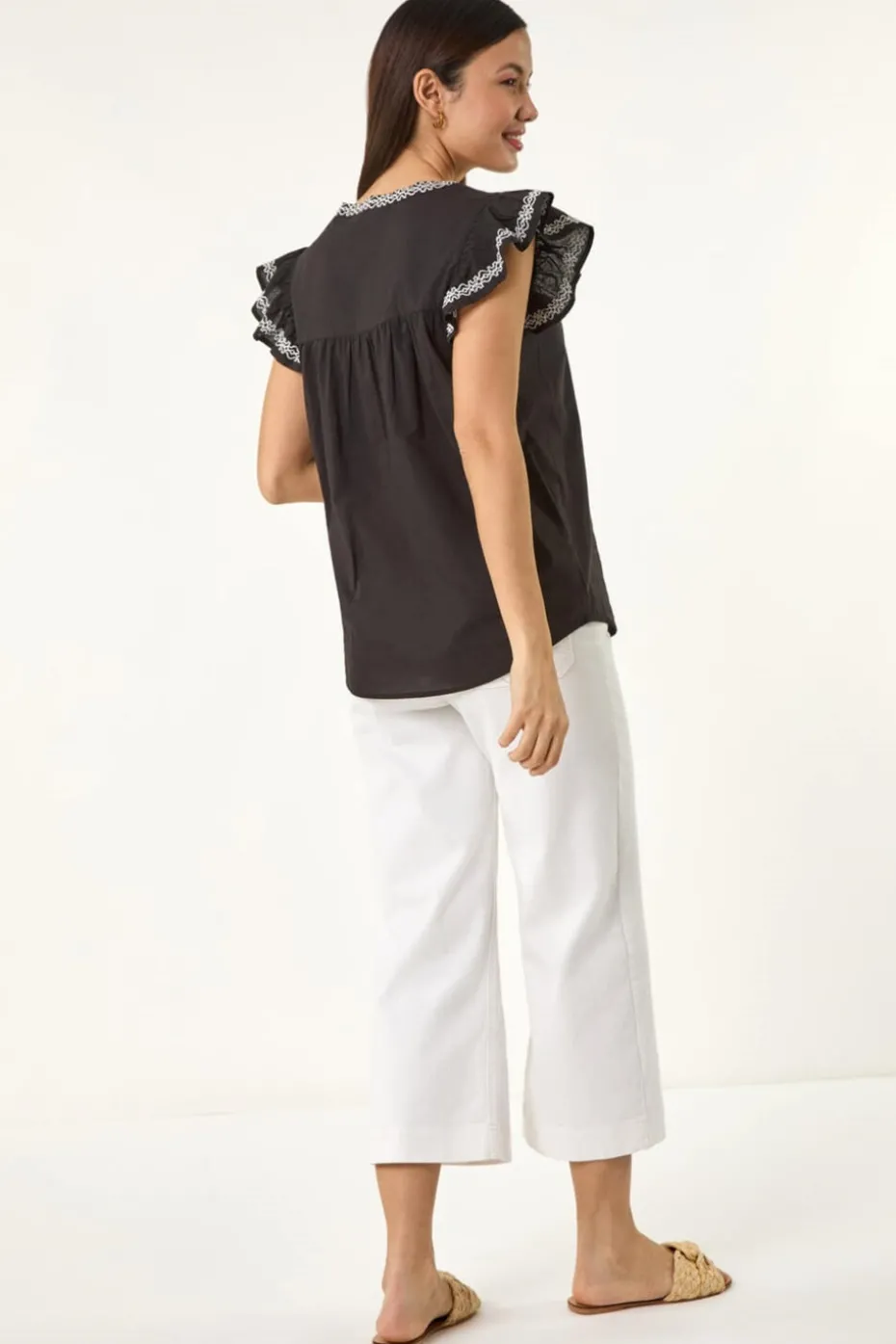 Roman Black Embroidered Tie Front Top