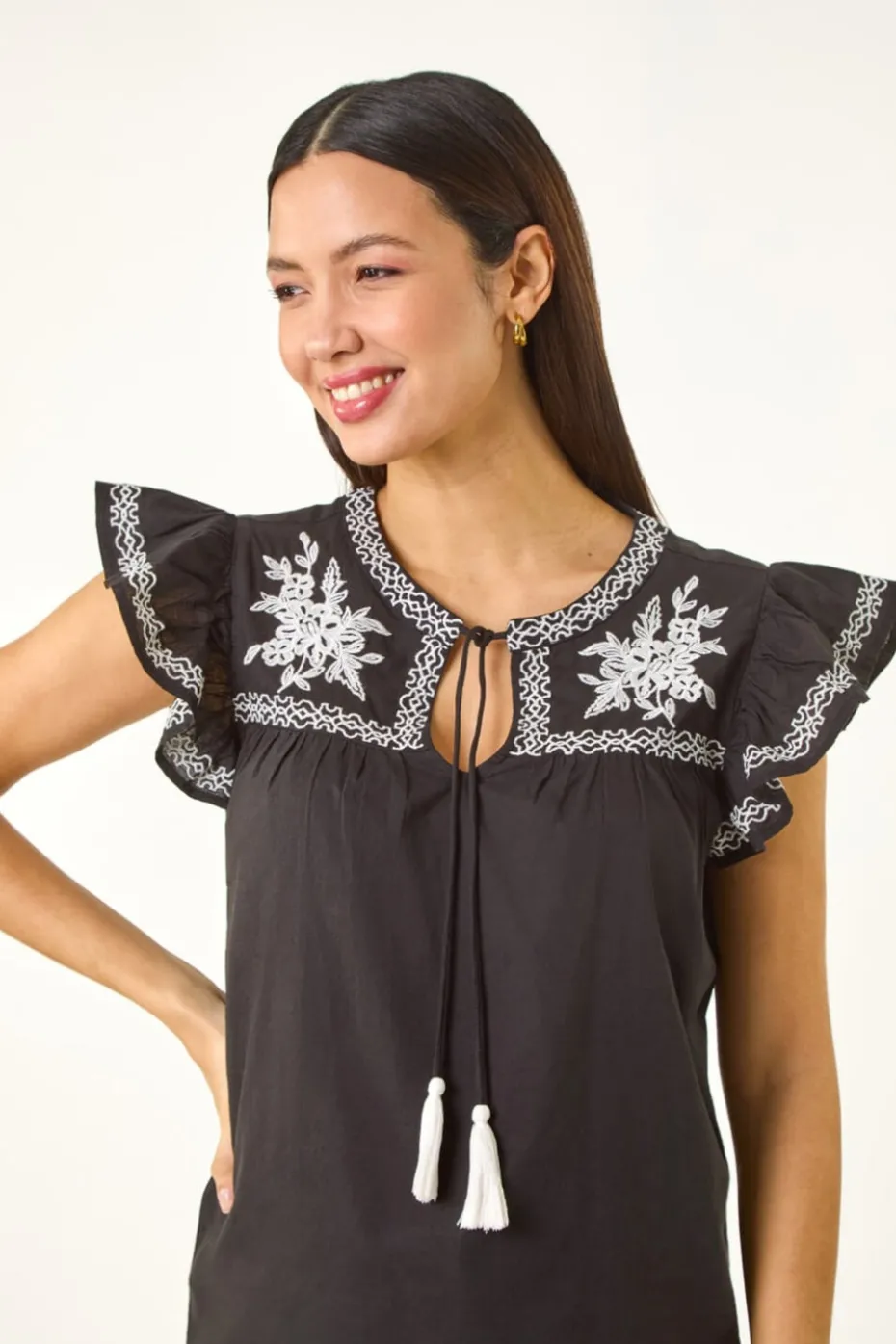 Roman Black Embroidered Tie Front Top