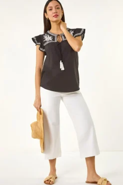 Roman Black Embroidered Tie Front Top