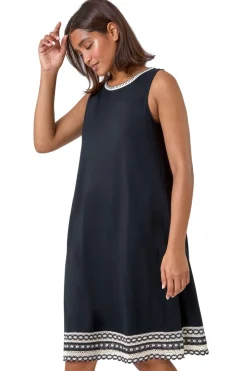 Roman Black Embroidered Trim Stretch Jersey Shift Dress