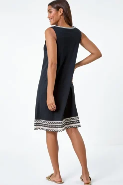 Roman Black Embroidered Trim Stretch Jersey Shift Dress