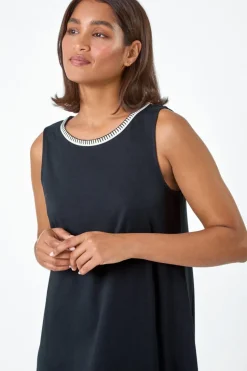 Roman Black Embroidered Trim Stretch Jersey Shift Dress