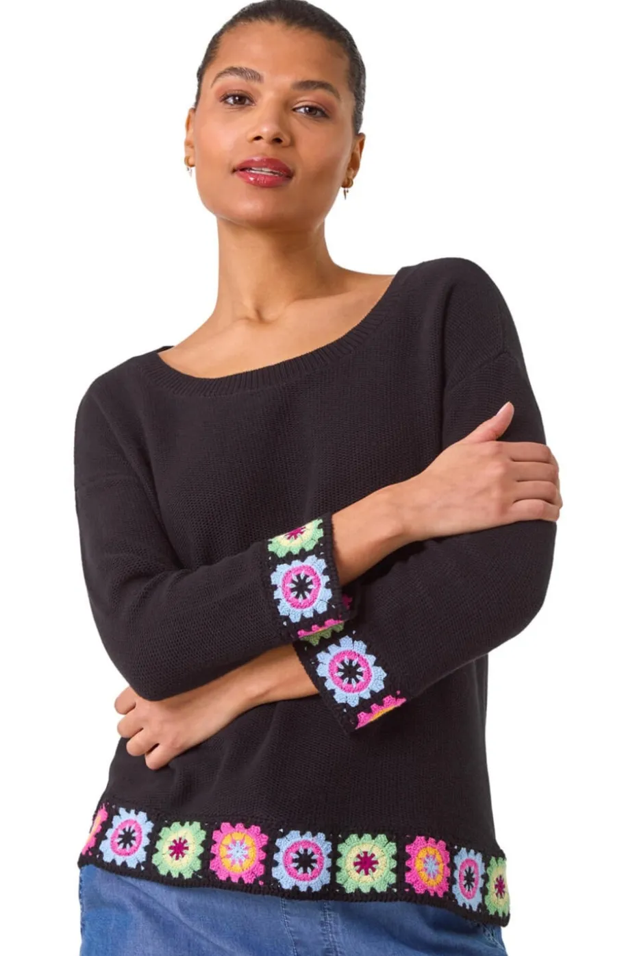 Roman Black Floral Crochet Hem Cotton Jumper