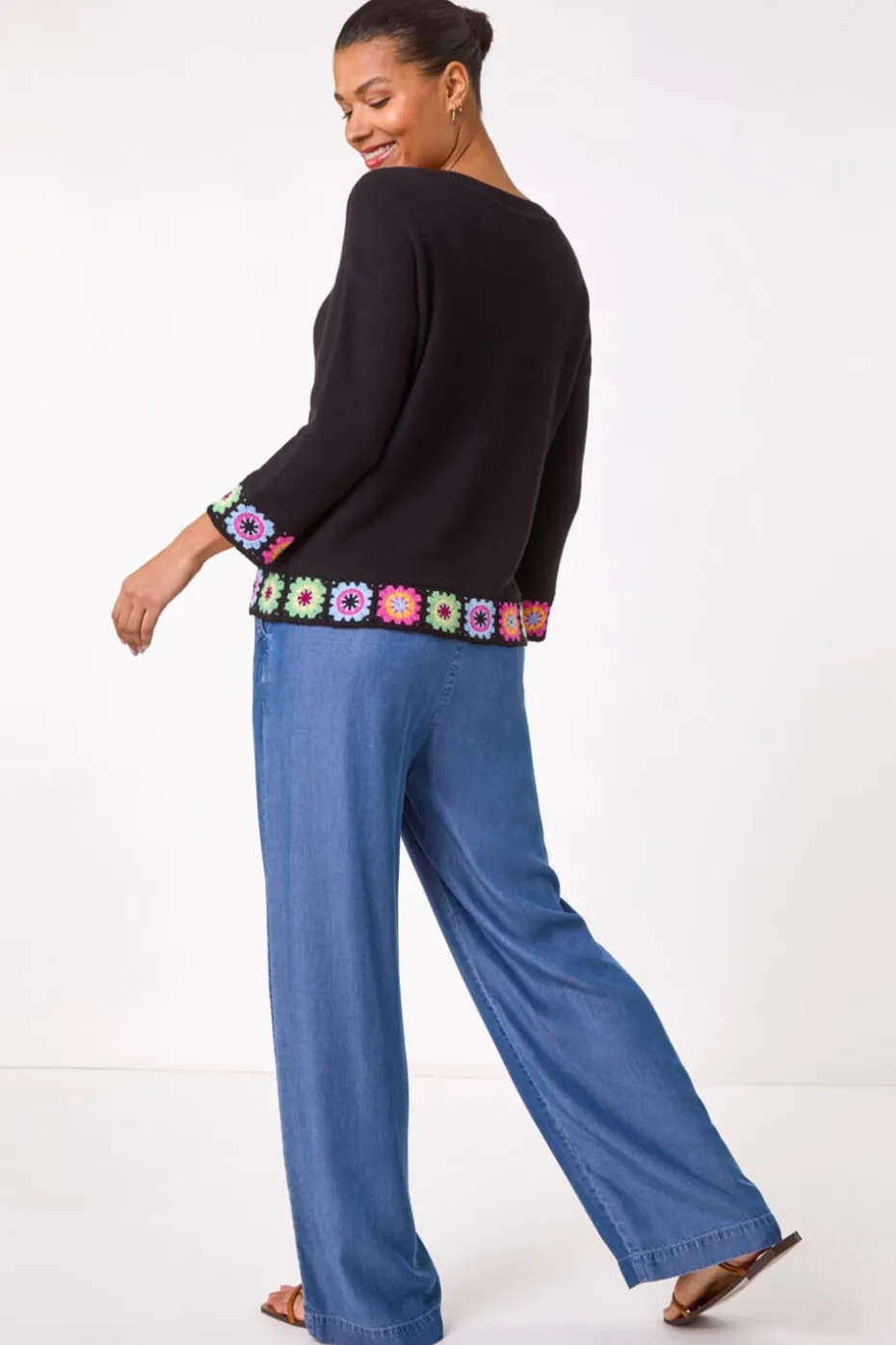 Roman Black Floral Crochet Hem Cotton Jumper