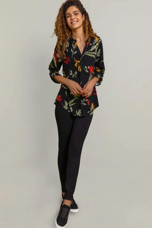 Roman Black Floral Print Notch Neck Top
