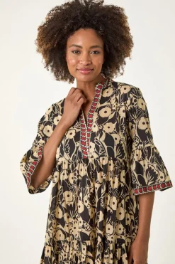 Roman Black Floral Print Border Maxi Dress