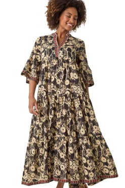 Roman Black Floral Print Border Maxi Dress