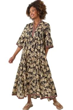 Roman Black Floral Print Border Maxi Dress