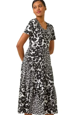 Roman Black Floral Print Tiered Midi Dress