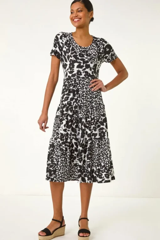 Roman Black Floral Print Tiered Midi Dress