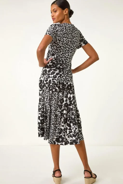 Roman Black Floral Print Tiered Midi Dress