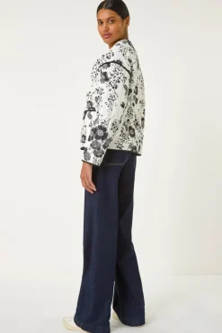 Roman Black Floral Print Cotton Jacket