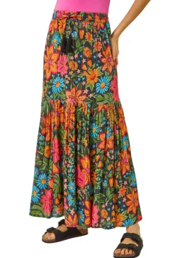 Roman Black Floral Print Tiered A Line Skirt