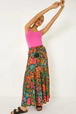 Roman Black Floral Print Tiered A Line Skirt