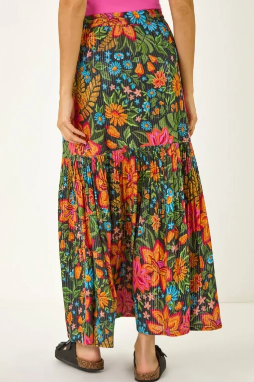 Roman Black Floral Print Tiered A Line Skirt