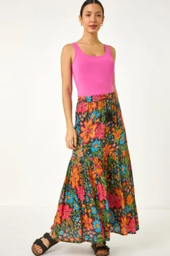 Roman Black Floral Print Tiered A Line Skirt