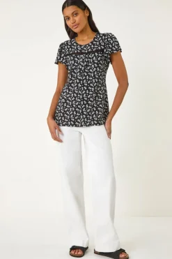 Roman Black Floral Print Ladder Trim Top