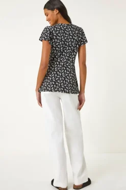 Roman Black Floral Print Ladder Trim Top