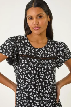 Roman Black Floral Print Ladder Trim Top
