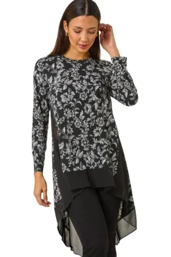 Roman Black Floral Puff Print Chiffon Hem Top