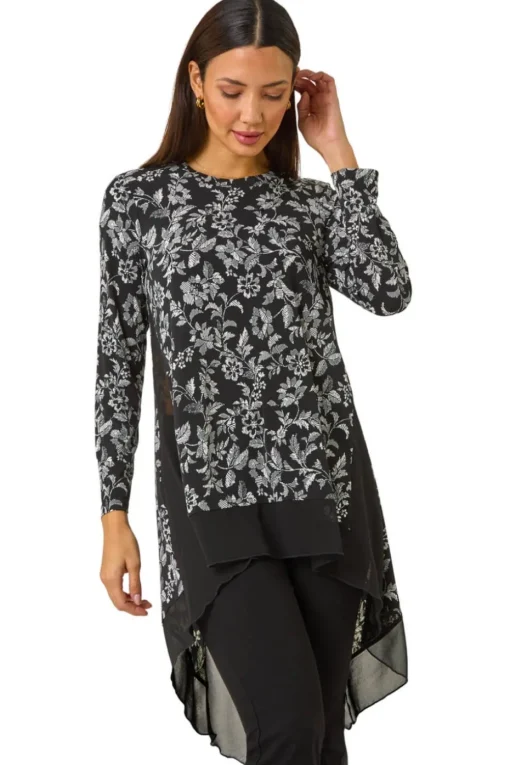 Roman Black Floral Puff Print Chiffon Hem Top