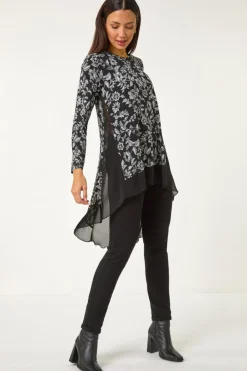 Roman Black Floral Puff Print Chiffon Hem Top