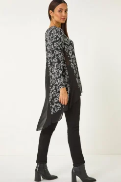 Roman Black Floral Puff Print Chiffon Hem Top