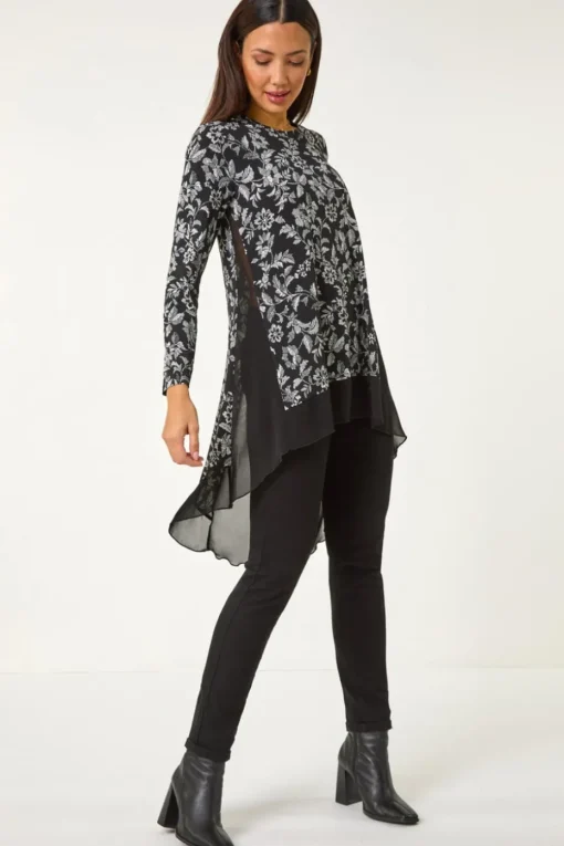 Roman Black Floral Puff Print Chiffon Hem Top