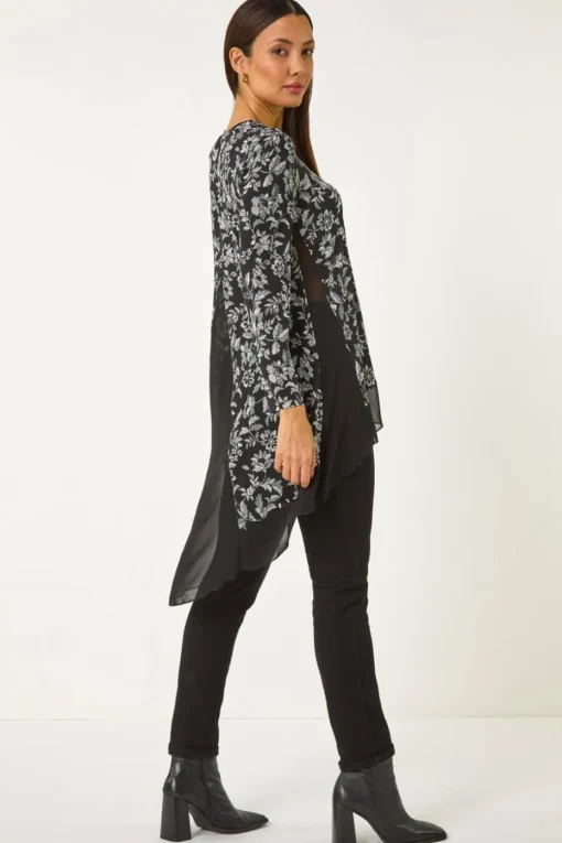 Roman Black Floral Puff Print Chiffon Hem Top
