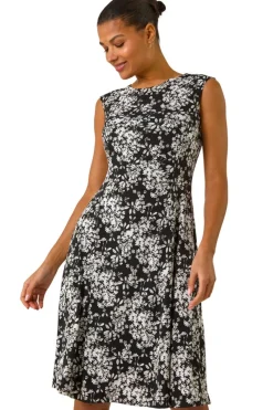 Roman Black Floral Puff Print Gathered Stretch Midi Dress