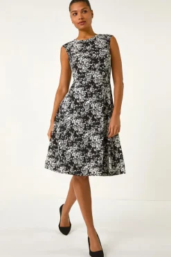 Roman Black Floral Puff Print Gathered Stretch Midi Dress