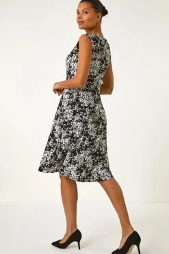 Roman Black Floral Puff Print Gathered Stretch Midi Dress