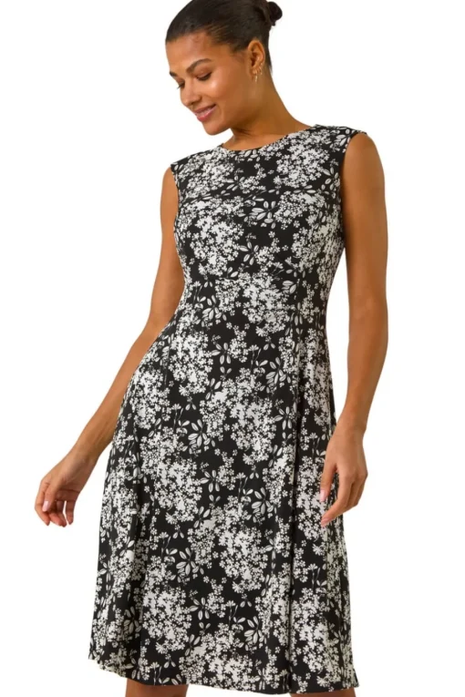 Roman Black Floral Puff Print Gathered Stretch Midi Dress
