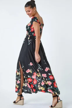 Roman Black Floral Shirred Bardot Stretch Maxi Dress